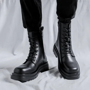 muži móda vysokej motocykel topánky krajky-up originálne kožené topánky strany, spoločenské šaty kovboj platformu boot dlho botas masculinas